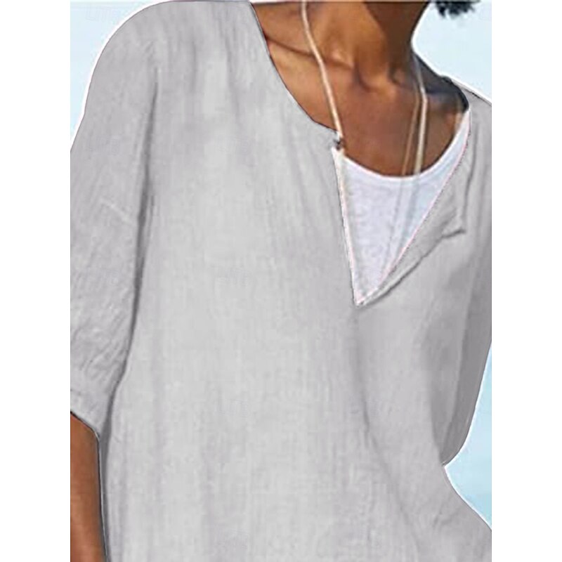 Women's Shirt Blouse Cotton Linen Shirts Solid Color Basic Casual 3/4 Length Sleeve Crew Neck Regular Tops Daily Patchwork Blue Gray Fall Winter4