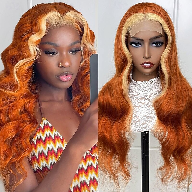 13x4 Front Lace Human Hair Wig Ginger highlights 613# Color Body Lace Wig 10-28Inch 150% Density3