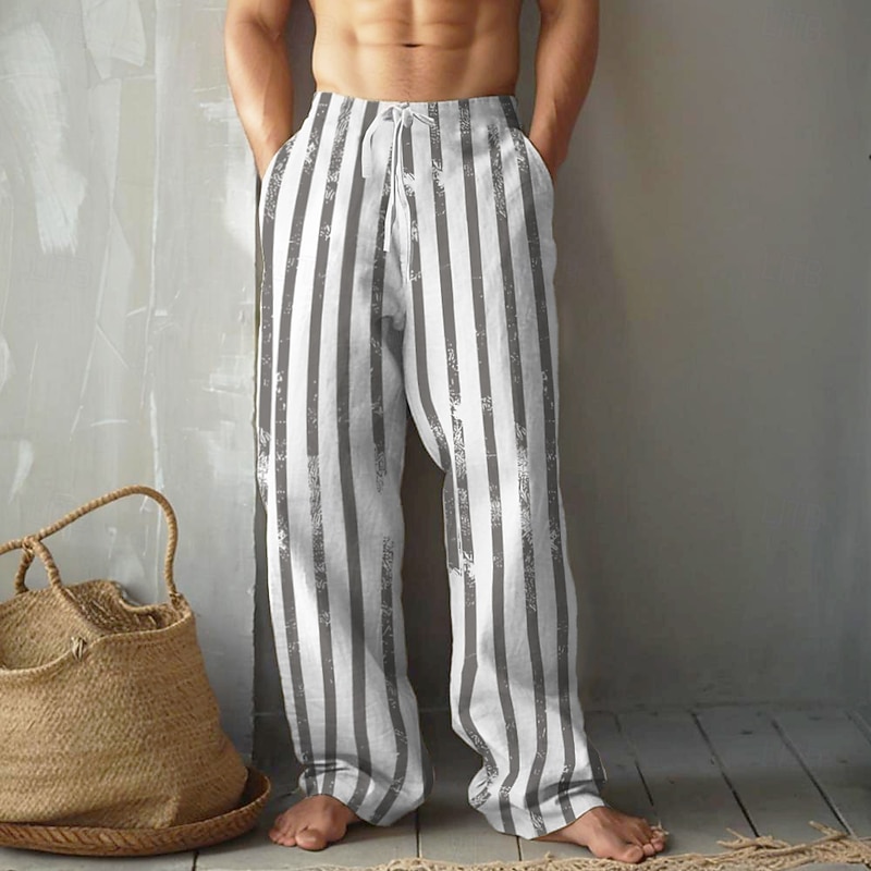 Men's Striped Geometric Pattern Trousers Casual Pants Mid Waist Drawstring Elastic Waist Vintage Retro Outdoor Vacation Holiday Straight Leg Trousers Summer Spring Fall 3D Print Blue Sky Blue khaki2