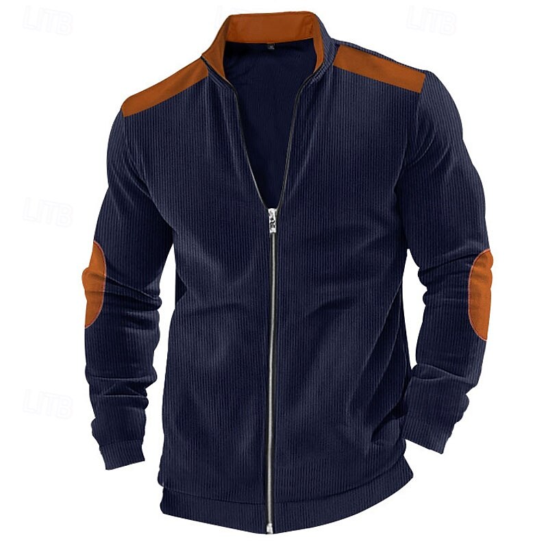 Men's Lightweight Jacket Summer Jacket Corduroy Jacket Transition Jacket Vacation Daily Wearproof Pocket Spring &  Fall Color Block Fashion Classic Stand Collar Regular Black White Navy Blue Apricot2