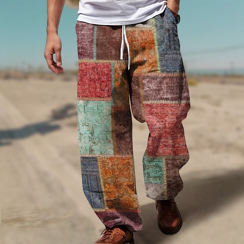 Men's Color Block Patchwork Mid Waist Hawaiian Casual Outdoor Casual Holiday Straight Leg Trousers Summer Spring 3D Print Pink Red Blue