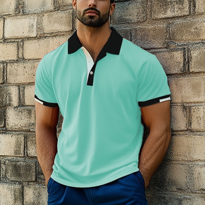 Men's Sports Polo Shirts Golf Shirt Casual Ribbed Polo Collar Short Sleeve Fashion Basic Solid Color Patchwork Summer Regular Fit Black White Red Blue Green Sports Polo Shirts