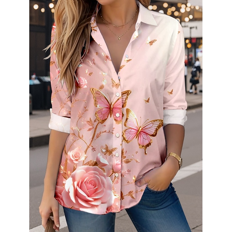 Valentine's Day Women's Shirt Button Down Tunic Shirt Collar Long Sleeve Butterfly Casual Regular Tops Work Daily s Print Pink Spring Fall Winter
