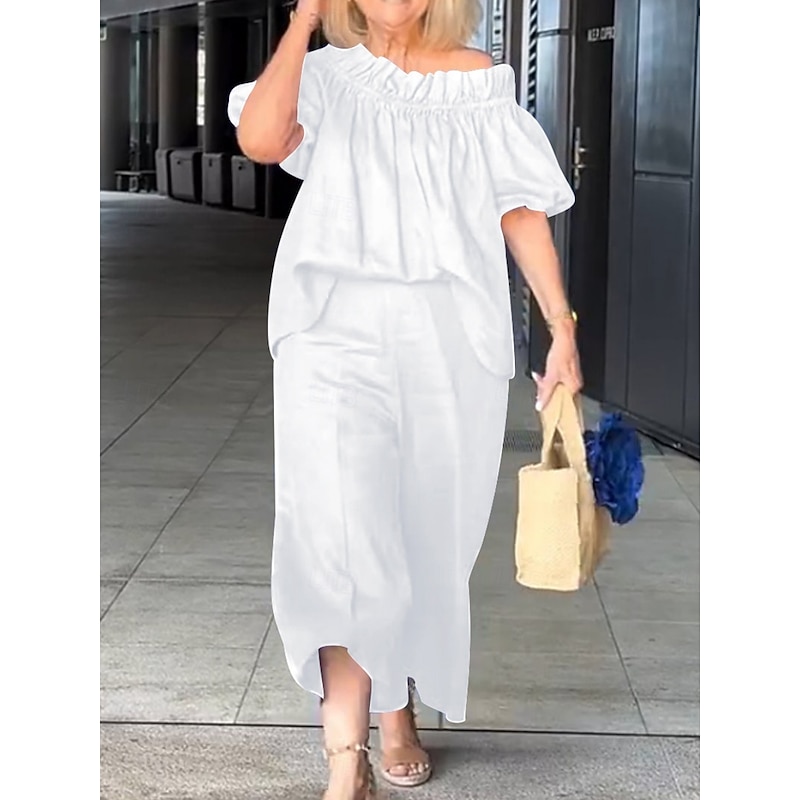 Women's Fashion Streetwear Daily Shirt Linen-Inspired Sets Two Piece Sets Chinos 3/4 Length Sleeve Off Shoulder Plain Ruffle Casual Daily White Blue Fuchsia Spring &  Fall Regular Fit4