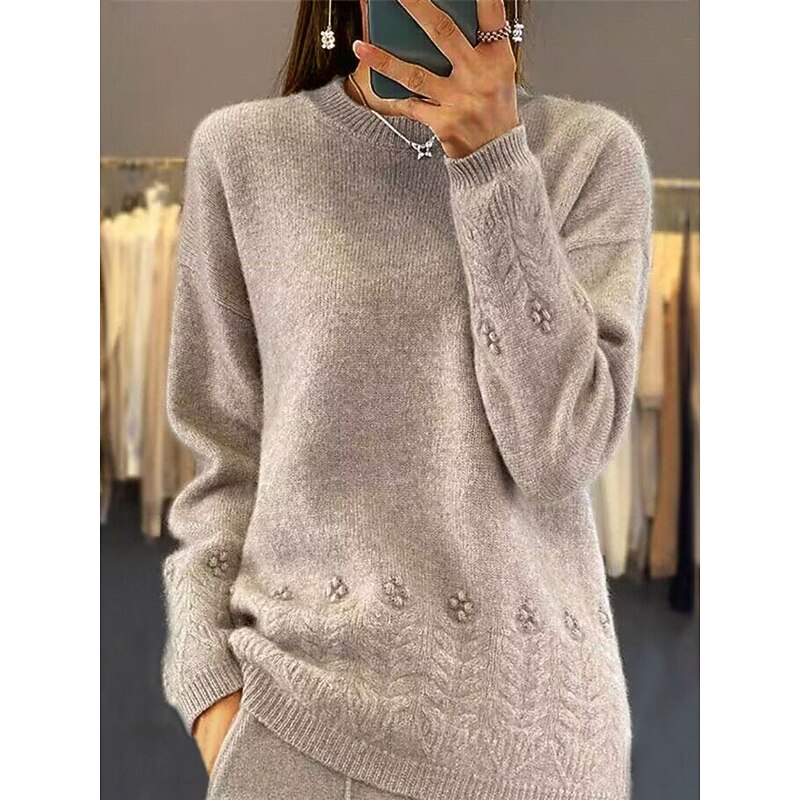 Women's Sweater Casual Soft Pure Color Ribbed Crew Neck Knitted Long Sleeve Regular Tops Knit Outdoor Daily Weekend Pink Camel Fall Winter2