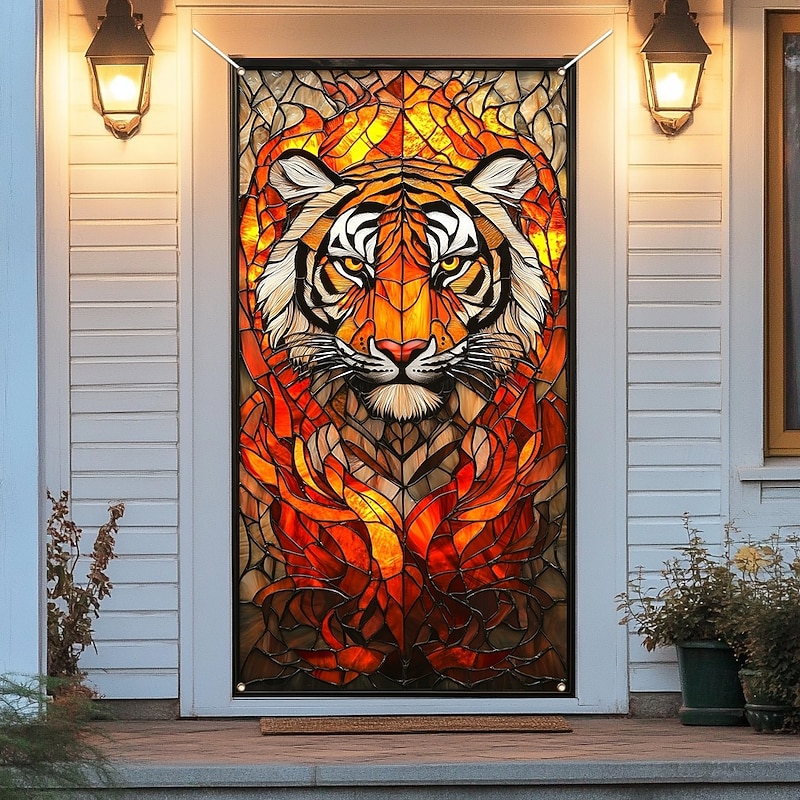 Stained Glass Effect Door Decorations Door Covers Tiger Door Tapestry Door Curtain Decoration Backdrop Indoor/Outdoor Door Banner for Front Door Farmhouse3