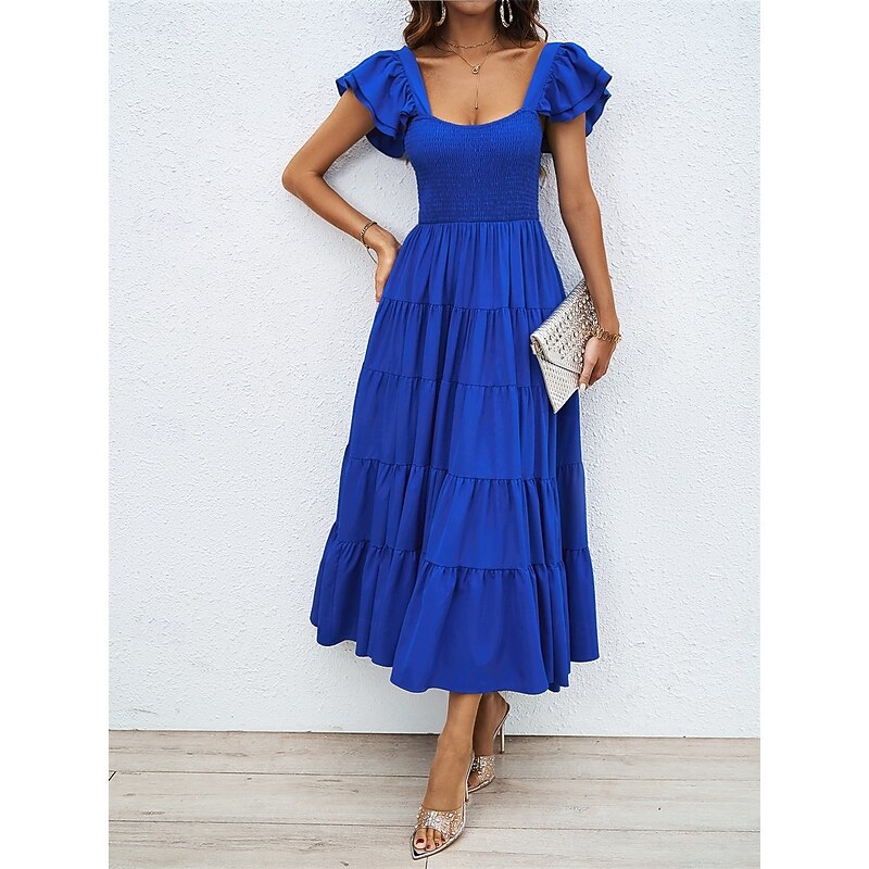 Women's Floral Square Neck Midi Dress Short Sleeve Summer Spring2