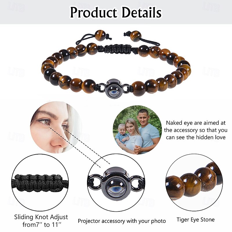 Personalized Tiger Eye Bracelet Custom Best Gift for Dad, Wedding Photo Projection Bracelet for Husband, Boyfriend, Christmas, Valentine's Day, Birthday3