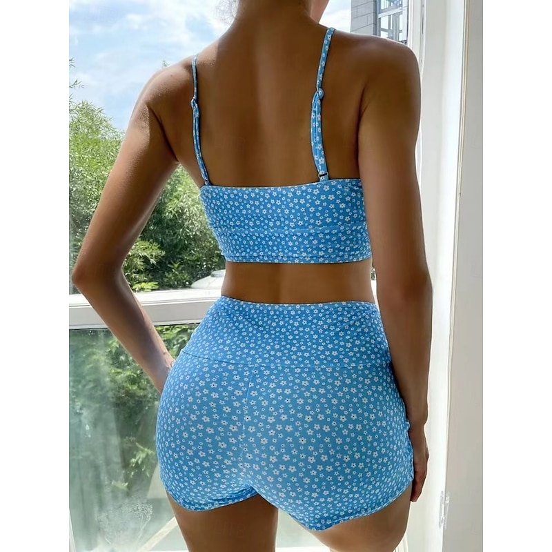Women's Swimwear Bikini 2 Piece Shorts Swimsuit Backless Slim Vacation Beach Wear Floral Halter Neck Sleeveless Bathing Suits2