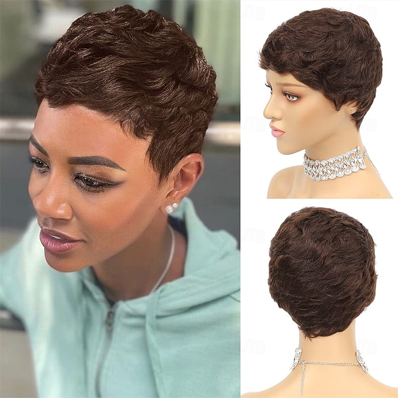 Human Hair Wig Short Natural Wave Pixie Cut Blonde Burgundy Natural Black Adjustable Natural Hairline For Black Women Machine Made Capless Brazilian Hair All Natural Black #1B Medium Auburn#30 Dark3