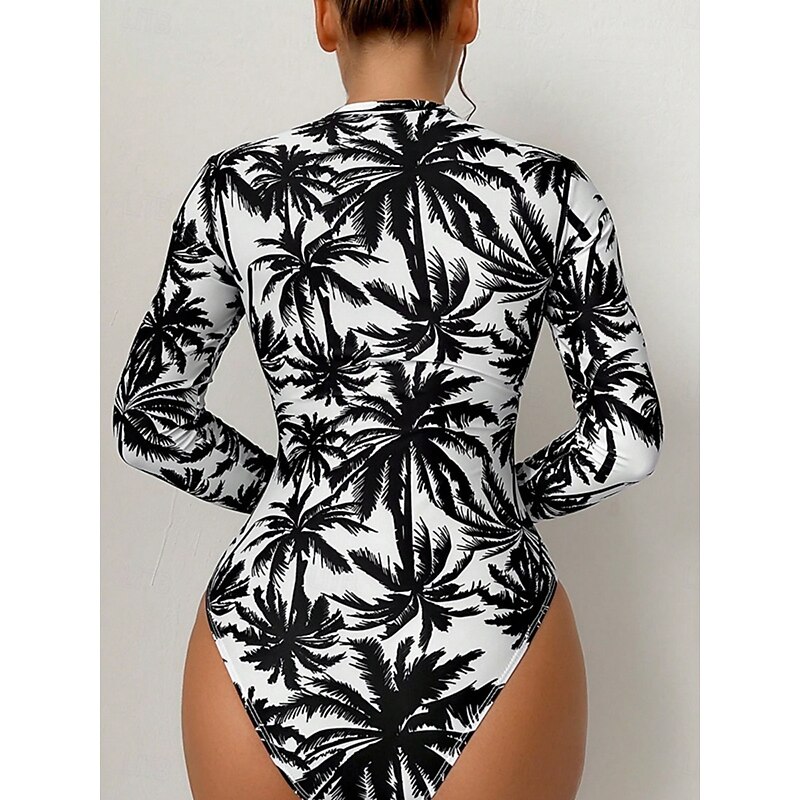 Women's Swimwear One Piece Monokini Rash Guard Swimsuit Backless Zipper Tummy Control High Waist Slim Vacation Beach Wear Graphic High Neck Long Sleeve Bathing Suits2