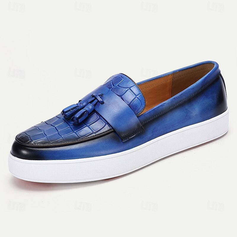 Blue Leather Loafers with Crocodile Pattern and Tassel for Men | Versatile for Casual and Business Casual3