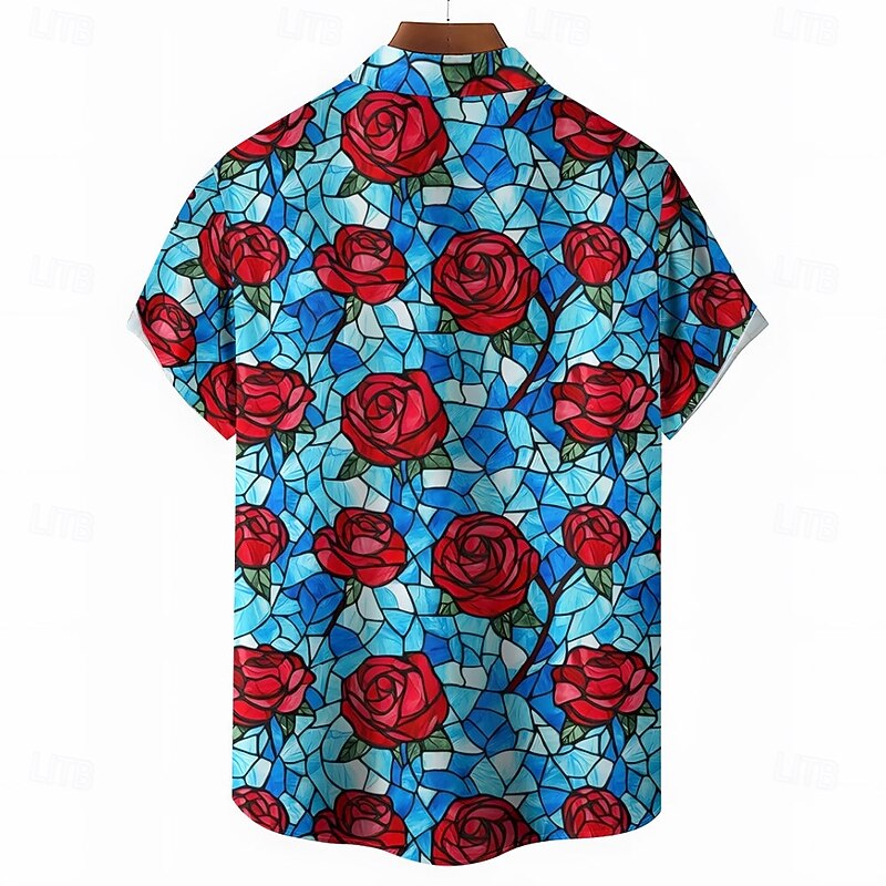 Valentine's Day Men's Rose Casual Shirt Button Up Shirt Short Sleeve Casual Party Daily Wear Summer Spring Turndown Button Up Blue3