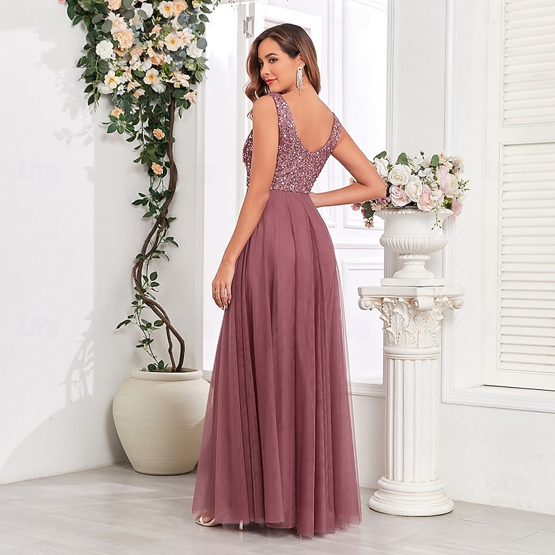 A-Line Wedding Guest Dresses Elegant Dress Wedding Guest Birthday Floor Length Sleeveless V Neck Pink Dress Tulle V Back with Sequin2
