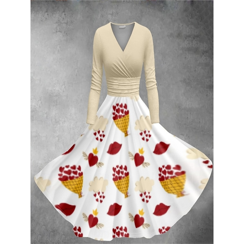 Women's Valentine Heart Dress Graphic Print V Neck Dolman Sleeve Midi Dress Vintage Valentine's Day Daily Long Sleeve Spring Fall