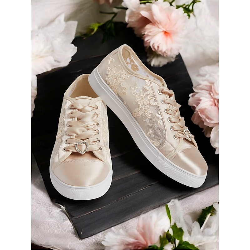 Champagne Satin Bridal Sneakers with Lace Details and Rhinestone Heart Charm - Comfortable Wedding Shoes for Women