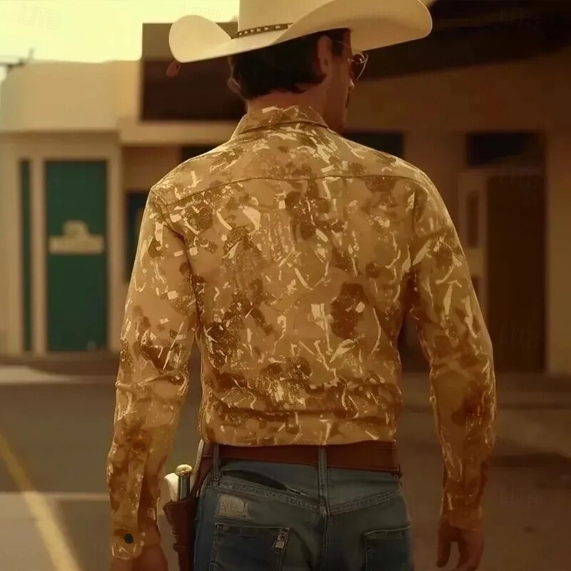 Men's Florals Western Shirt Cowboy Shirt Long Sleeve Western Causal Spring Fall Turndown Button Up Yellow2