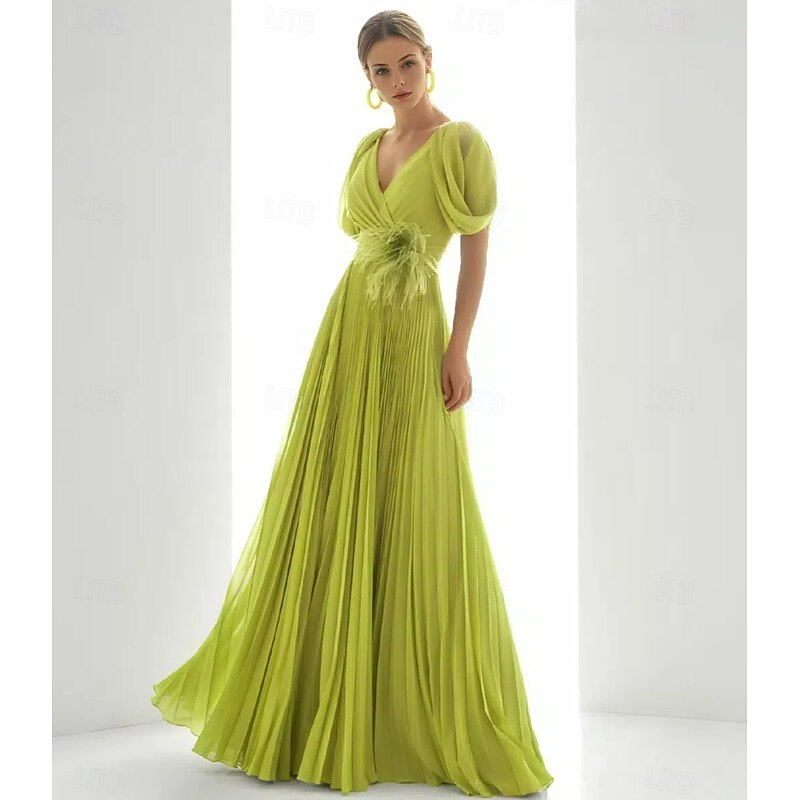 A-Line Evening Gown Elegant Dress Beach Wedding Formal Floor Length Short Sleeve V Neck Chiffon with Feather Ruched