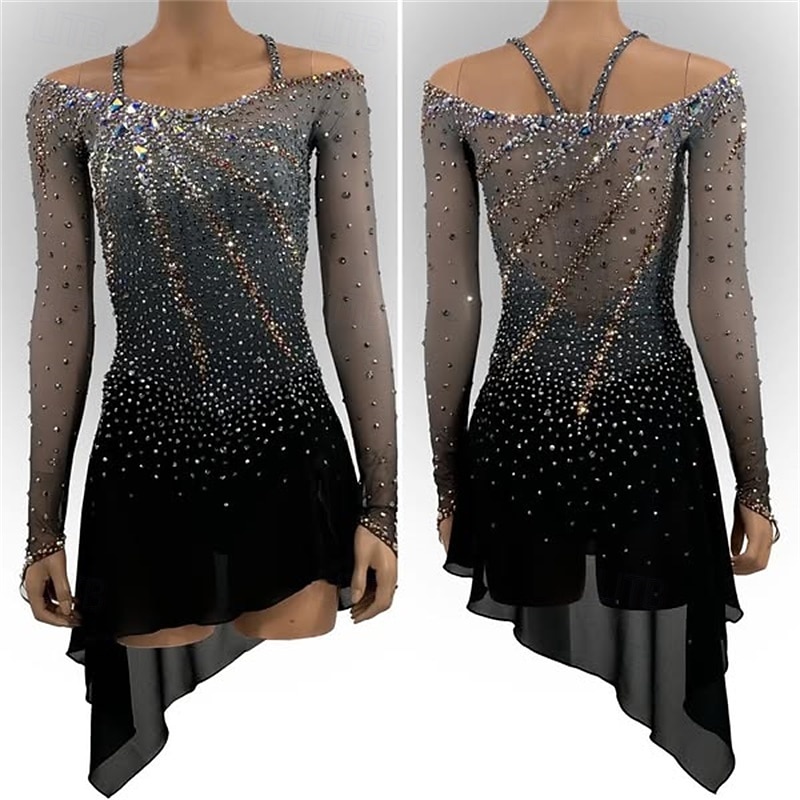 Figure Skating Dress Women's Girls' Ice Skating Dress Black Asymmetric Hem Mesh High Elasticity Training Competition Skating Wear Classic Crystal / Rhinestone Long Sleeve Ice Skating Figure Skating