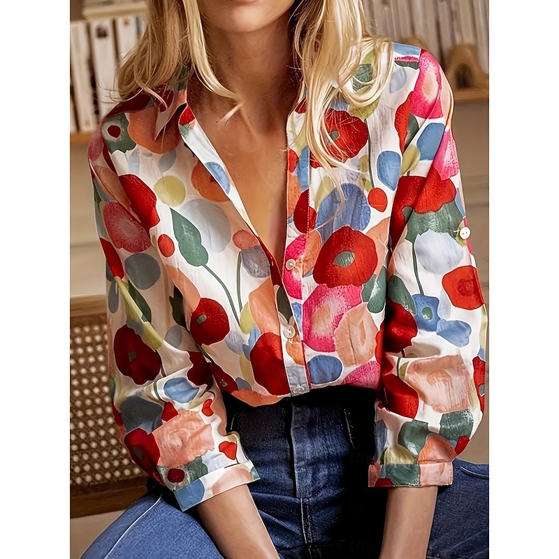 Women's Shirt Blouse Floral Graphic Elegant Stylish Casual Long Sleeve Shirt Collar Regular Tops Work Daily Holiday Buttons Red Summer Spring