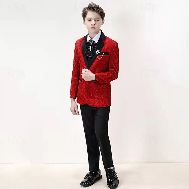 4 Pieces Ring Bearer Suit Boys Kids Suit Formal Suit Blazer & Pants & Shirts & Tie Formal Party Valentines Fashion Cool Solid Color Pocket Wine Polyester