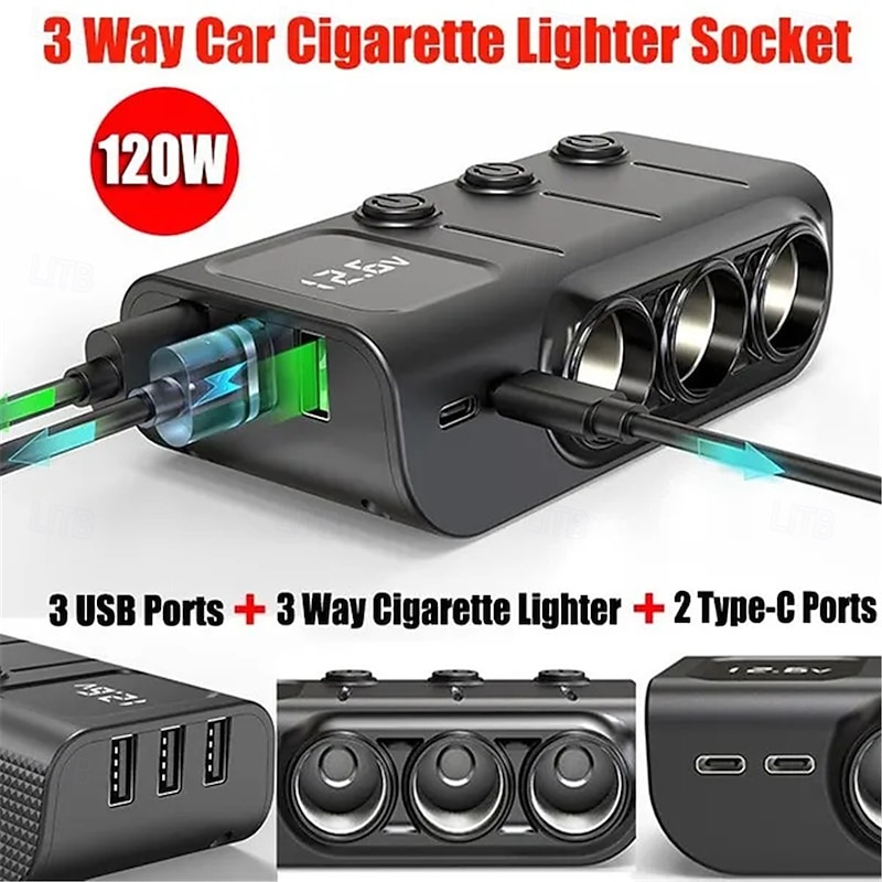3 Way Car Cigarette Lighter Socket Splitter DC 12V/24V Power Charger Adapter with 3 USB Ports  1 Type-C Port  1 PD Fast Charge Port2