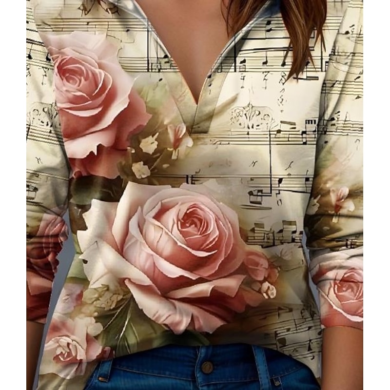 Women's T Shirt Rose Modern Long Sleeve V Neck T Shirt Collar Regular Tops Work Print Black White Yellow Pink Red Summer Spring Fall3
