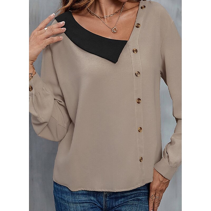 Women's Shirt Blouse Solid Color Basic Casual Long Sleeve V Neck Regular Tops Daily Patchwork Buttons Brown Spring Fall4