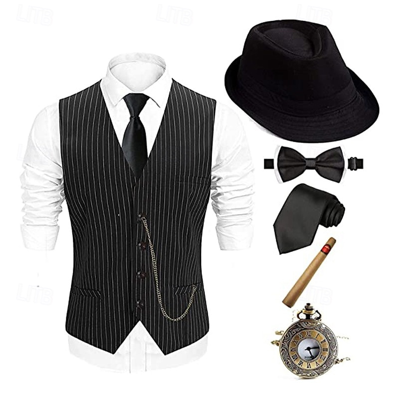 The Great Gatsby Gentleman Gangster Retro Vintage Roaring 20s 1920s Outfits Vest Panama Hat Accesories Set Men's Costume Vintage Cosplay Prom Festival Cravat Christmas4