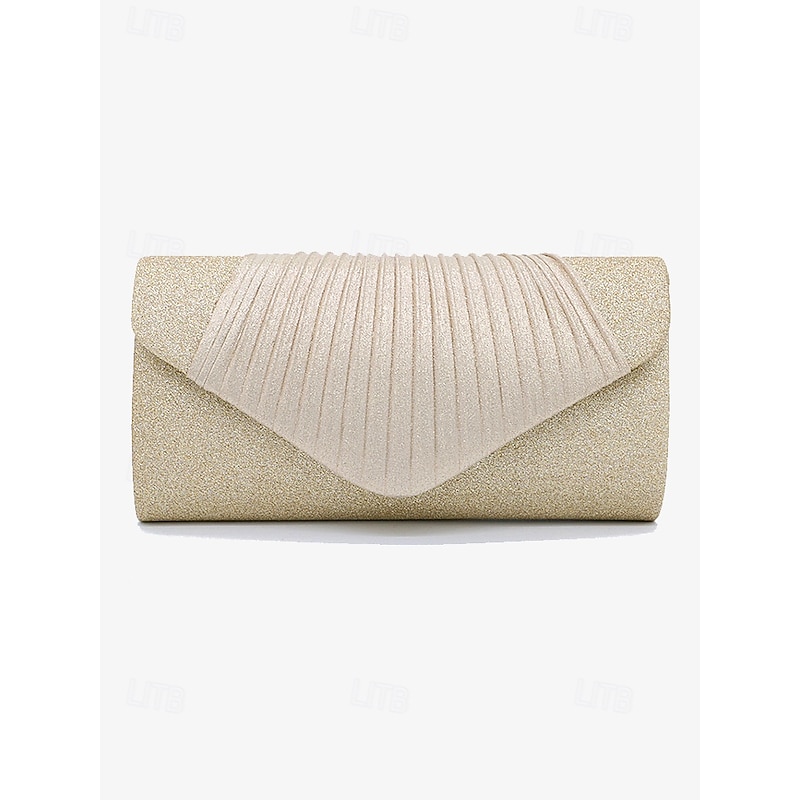 Champagne Glitter Evening Clutch Bag with Pleated Design – Elegant Handbag for Women, Perfect for Weddings, Parties, and Formal Events