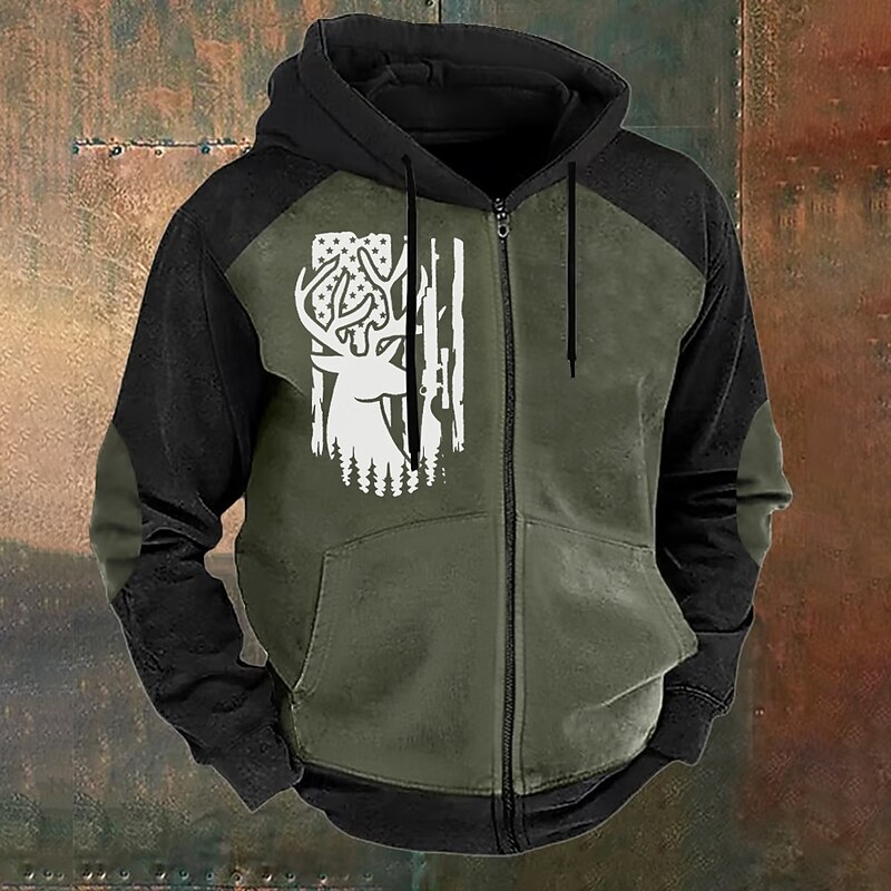 Men's American US Flag Deer Hoodies Fashion Daily Long Sleeve Hooded Vacation Hunting Black Brown Drawstring Zipper Fall Winter Designer4