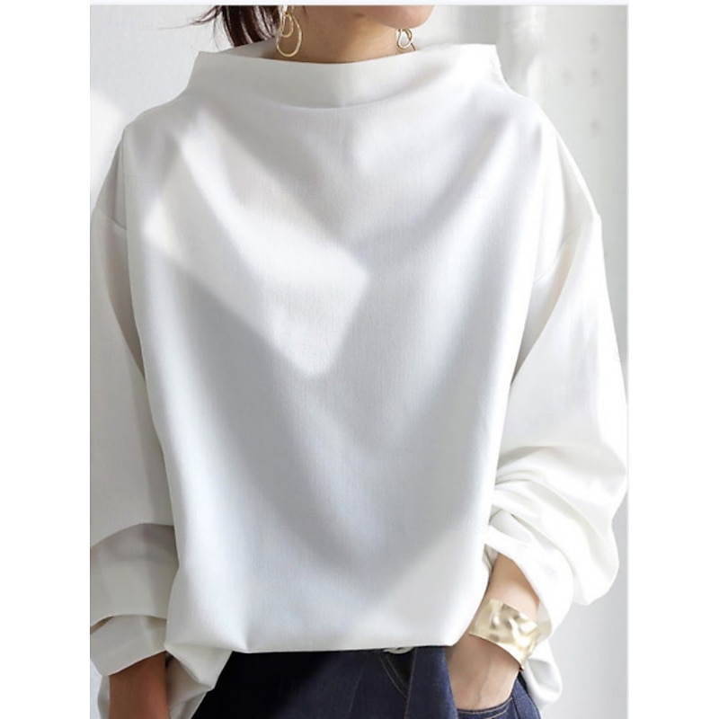 Women's Shirt Blouse Solid Color Basic Casual Long Sleeve Turtleneck Regular Tops Daily Black White Blue Spring Fall Winter