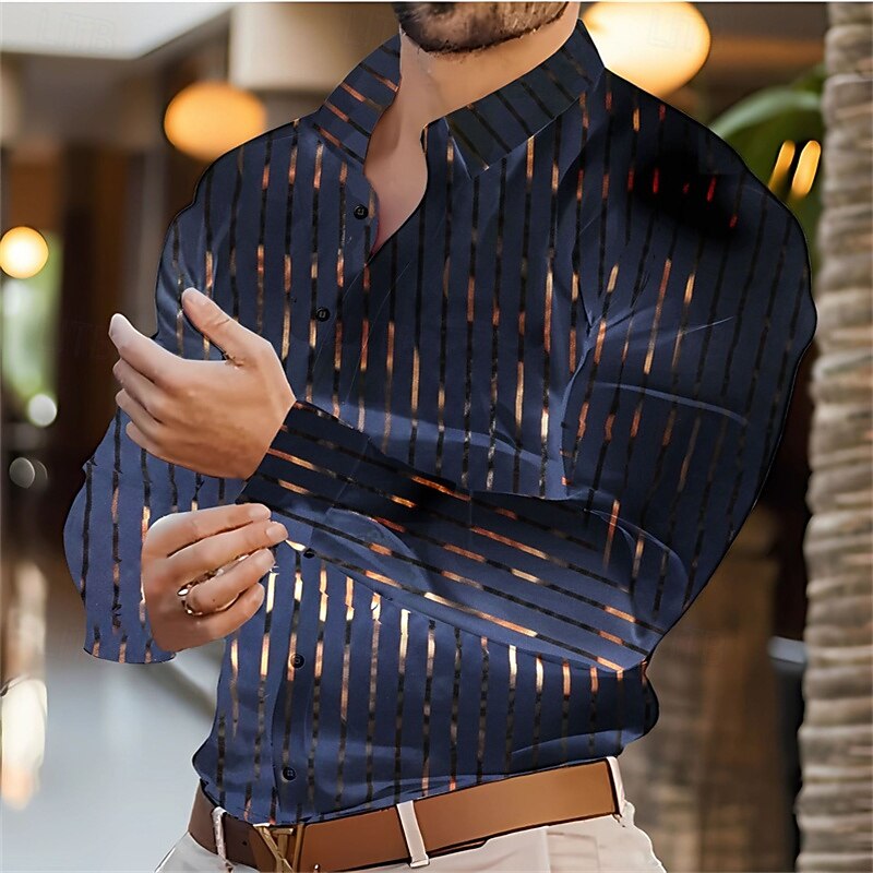 Men's Shirt Summer Shirt Casual Shirt Beach Shirt Button Up Shirt Striped Shirts Black White Navy Blue Sky Blue Drak Red Long Sleeve Stripe Bronzing Lapel Vacation Hawaiian Button-Down Clothing3