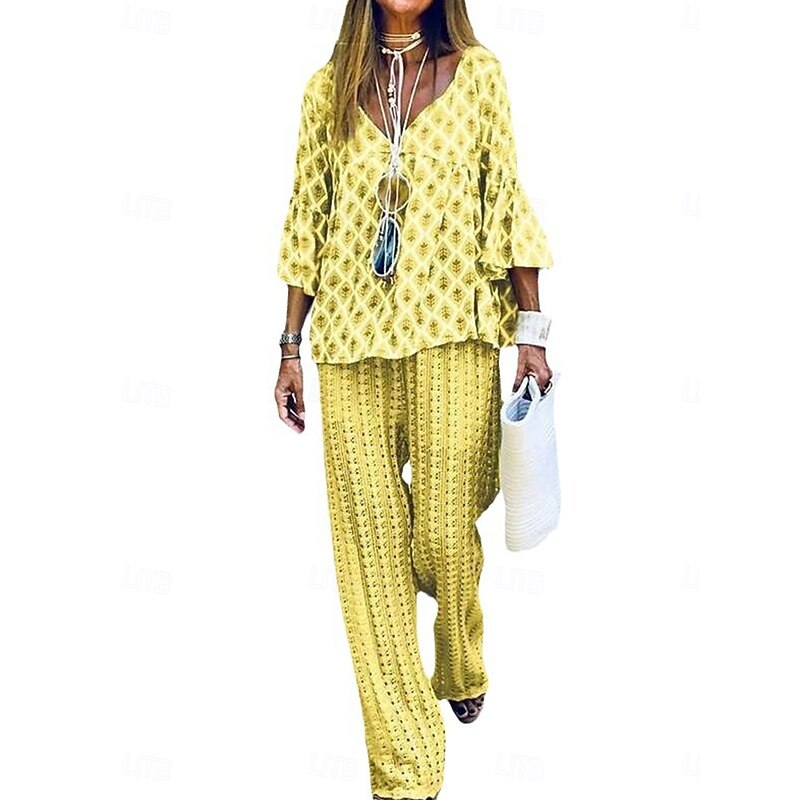 Women's Vacation Fashion T Shirt Trousers Long Sleeve Crew Neck Graphic Patchwork Outdoor Yellow Blue Purple Spring &  Fall Regular Fit4