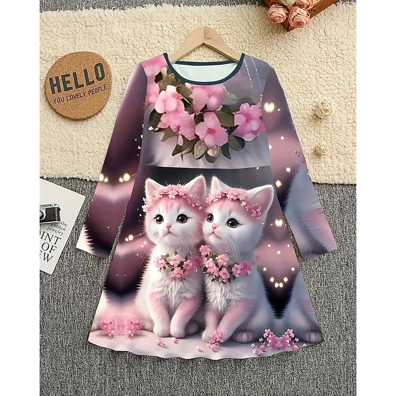 Girls' 3D Graphic Cat Flower Dress Long Sleeve Summer Spring Vacation Daily Holiday Princess Beautiful Sweet Kids 4-12 Years Casual Dress A Line Dress Knee-length Regular Fit2