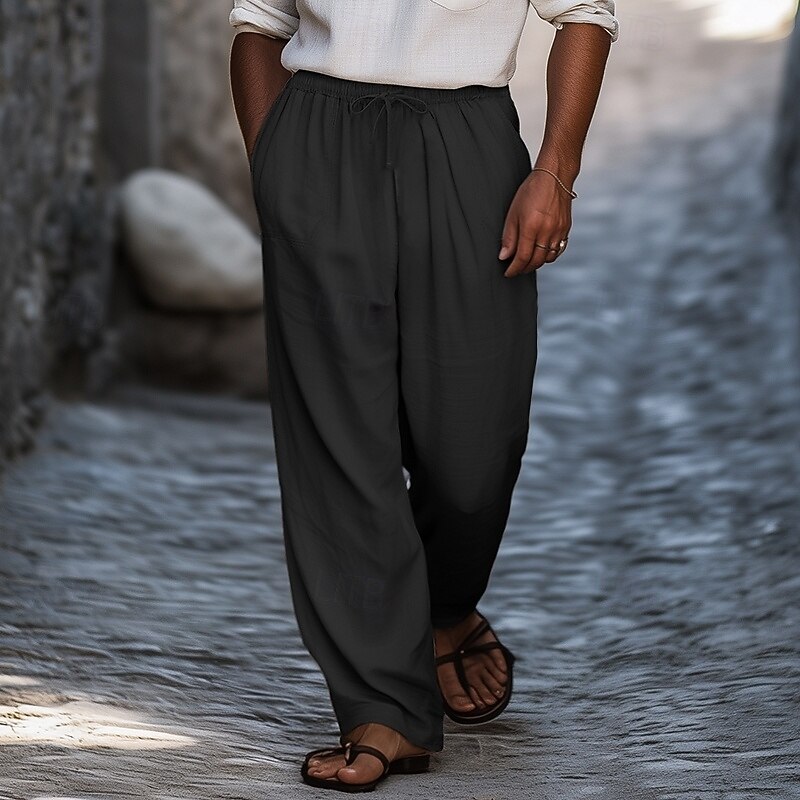 Men's Trousers Summer Pants Baggy Pants Beach Pants Gauze Pants Drawstring Front Pocket Straight Leg Plain Comfort Soft Full Length Daily Holiday Gym Fashion Retro Vintage Black White