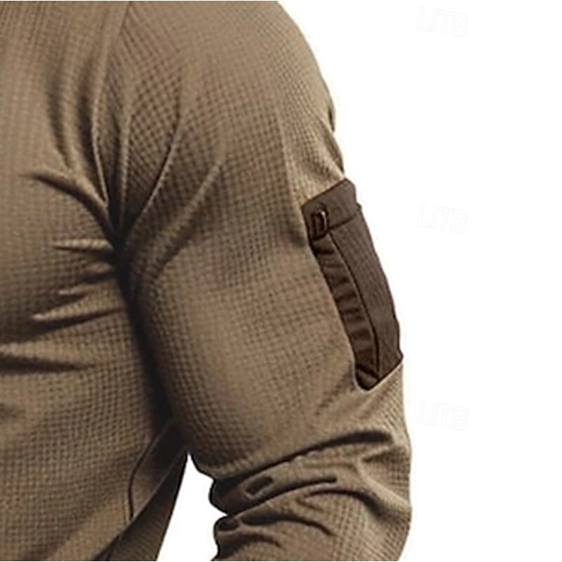 Men's T Shirt Waffle Knit Tee Quarter Zip Tee Long Sleeve Stand Collar Quarter Zip Spring Fall Spring &  Fall Solid Color Knitwear Vintage Daily Patchwork Pocket Outdoor Causal Casual Black khaki Top4