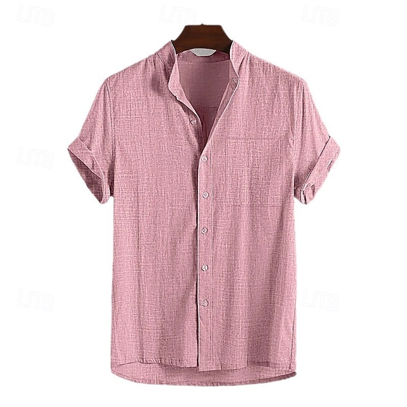 Men's Linen Shirt Band Collar Shirt Casual Shirt Plain Vacation Holiday Black White Yellow Pink Short Sleeve Band Collar Spring & Summer Clothing Apparel Front Pocket4