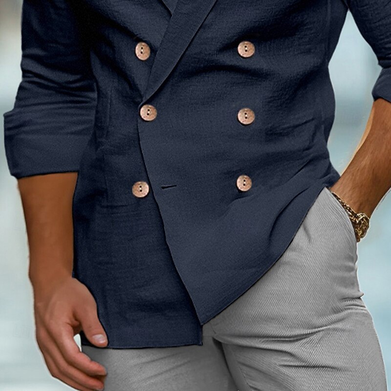 Men's Shirt Linen Shirt Summer Shirt Work Shirt Solid Color Formal Work White Navy Blue Khaki Long Sleeve Shawl Collar Spring &  Fall Cross-Seasons Clothing Apparel Buttons3