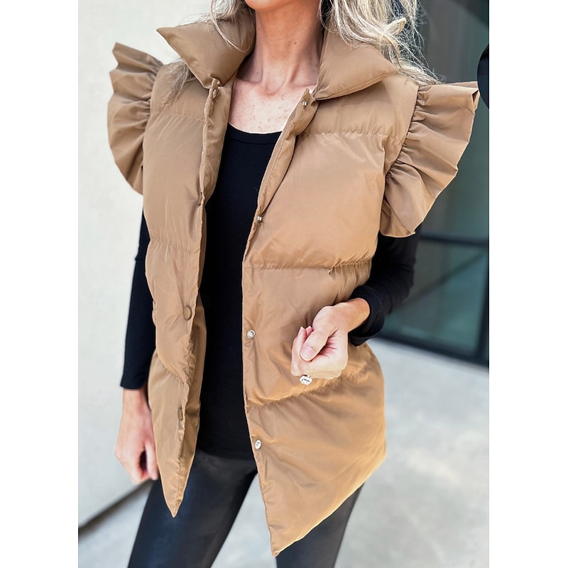 Women's Vest Outdoor Street Daily Fall Winter Regular Coat Regular Fit Warm Breathable Comtemporary Stylish Jacket Sleeveless Solid Color with Pockets Black Pink Khaki