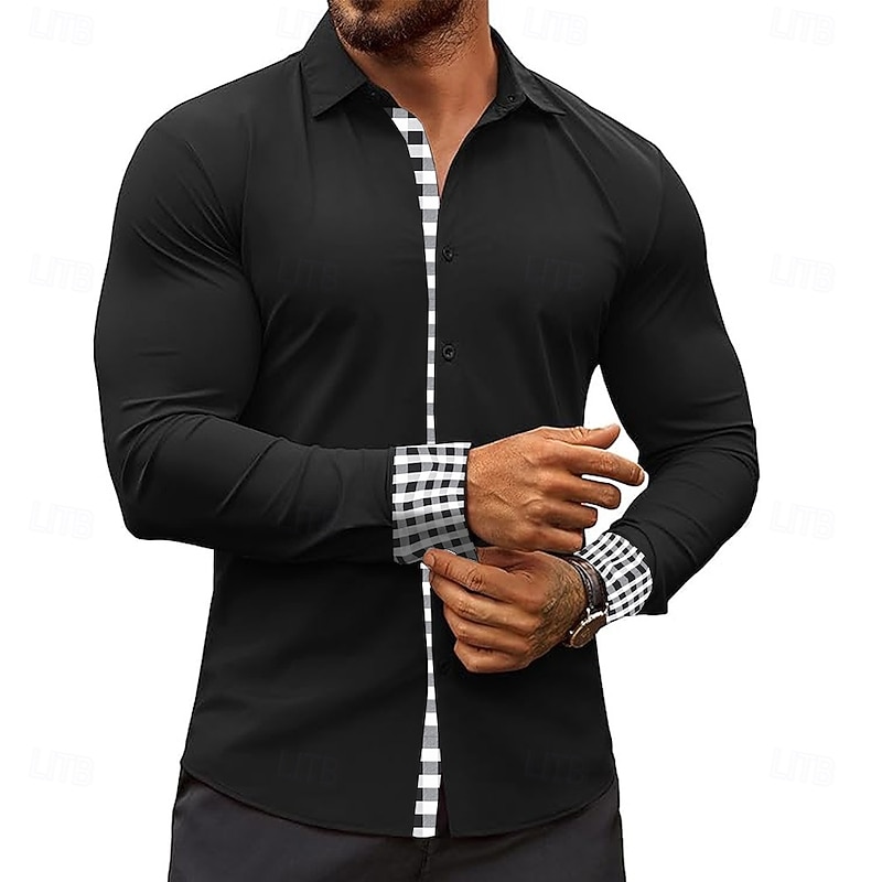 Men's Plaid / Check Dress Shirt Casual Shirt Button Up Shirt Long Sleeve Business Casual Formal Business Casual Spring Fall Turndown Button Up Black
