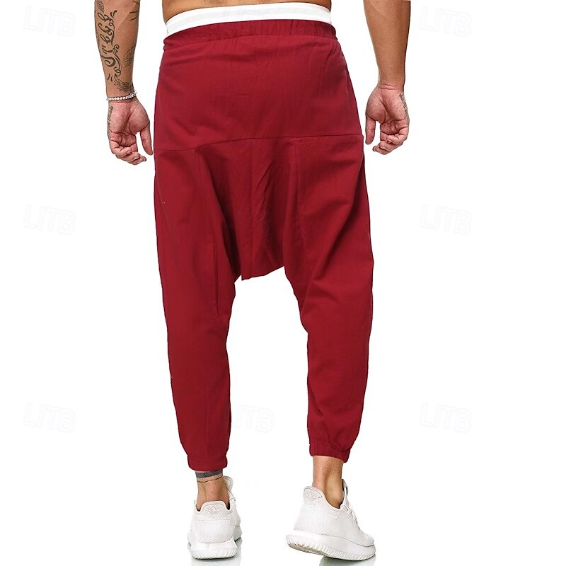 Men's Joggers Linen Pants Trousers Summer Pants Baggy Pants Elastic Waist Drop Crotch Plain Comfort Breathable Full Length Home Casual Daily Fashion Yoga Black Red2