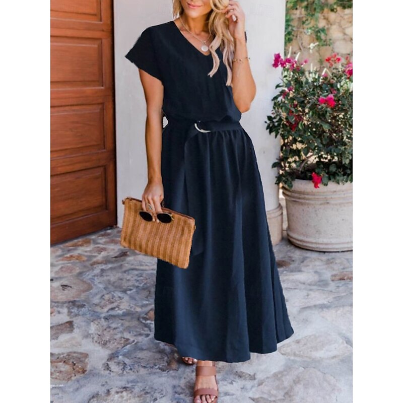 Women's Maxi Dress Black Dress Cocktail Dress Swing Dress Formal Dress Elegant Stylish Casual Vacation Daily Loose Fit Plain Short Sleeve V Neck Black Pink Navy Blue Summer