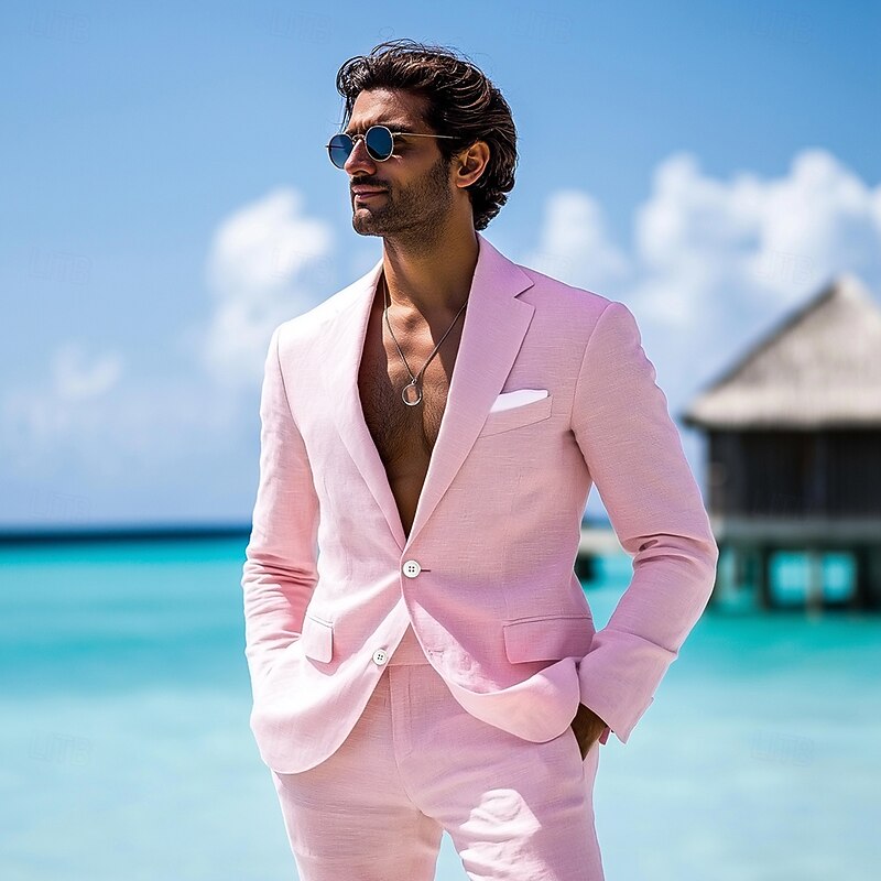 Men's Beach Wedding Linen Suits Pink Solid Colored Tailored Fit 2 Piece Single Breasted Two-buttons2