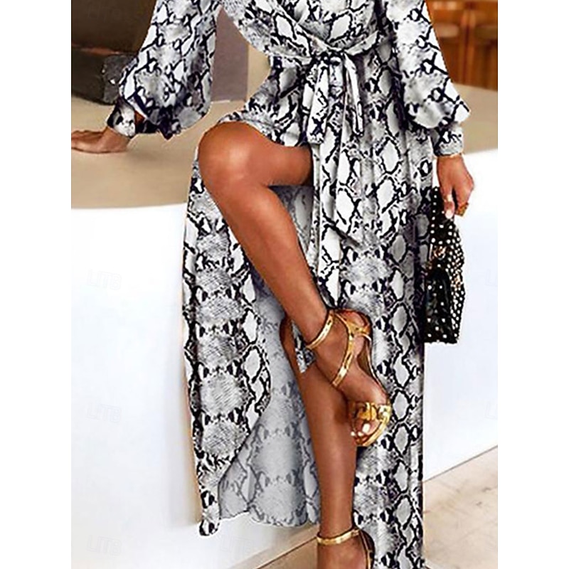 Women's Long Dress Maxi Dress Casual Dress Elegant Stylish Vacation Date Loose Fit Graphic Long Sleeve V Neck Black And White Spring Fall4