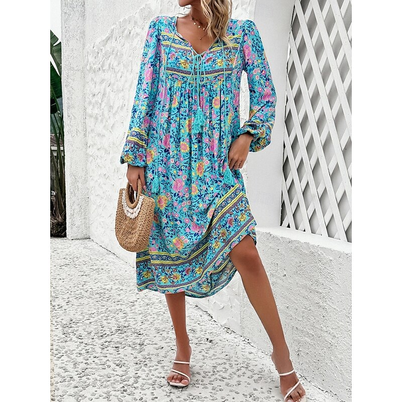 Women's Midi Dress Casual Dress Swing Dress A Line Dress Boho Dress Bohemia Vintage Casual Vacation Daily Regular Fit Floral Long Sleeve V Neck Red Navy Blue Blue Spring Fall2