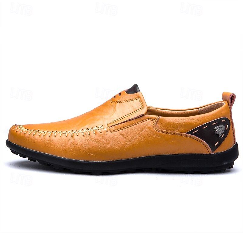 Men's Tan Faux Leather Slip-On Loafers with Hand-Stitched Detailing – Comfortable Casual Shoes for Work, Travel, and Everyday Wear4