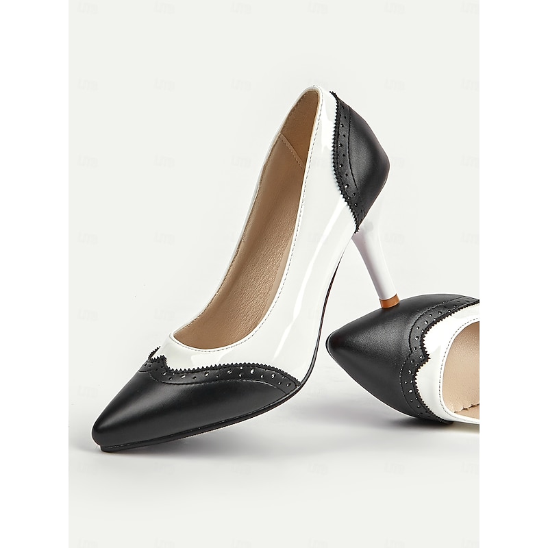 Women's Elegant Retro-Inspired Black and White Patent Faux Leather Pumps with Stiletto Heel - Perfect for Weddings and Special Occasions3
