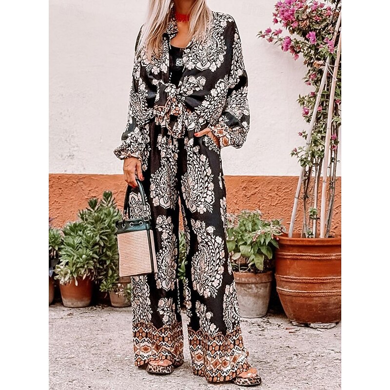 Women's Fashion Streetwear Daily Shirt Blouse Wide Leg Pants Long Sleeve Shirt Collar Floral Print Casual Daily Black Summer Regular Fit2