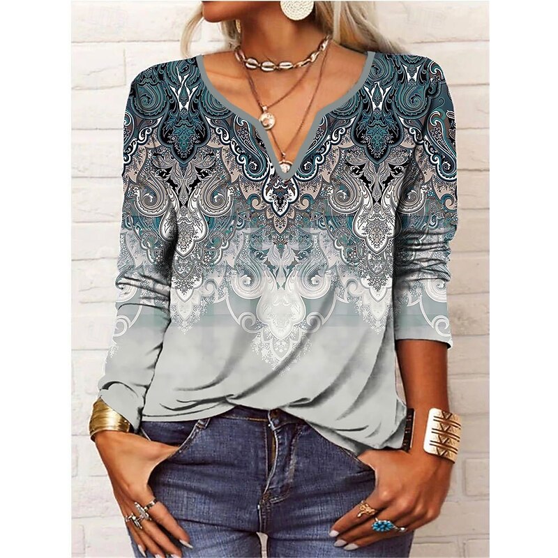 Women's T Shirt Floral Daily Basic Long Sleeve V Neck Regular Tops Holiday Weekend Buttons Print Black Pink Red Purple Green Fall & Winter2